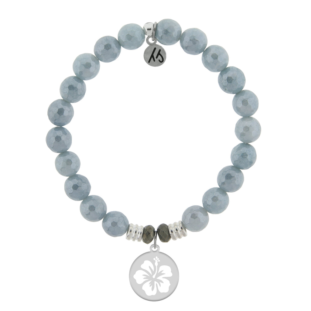 Blue Quartzite Stone Bracelet with Hibiscus Flower Sterling Silver Charm