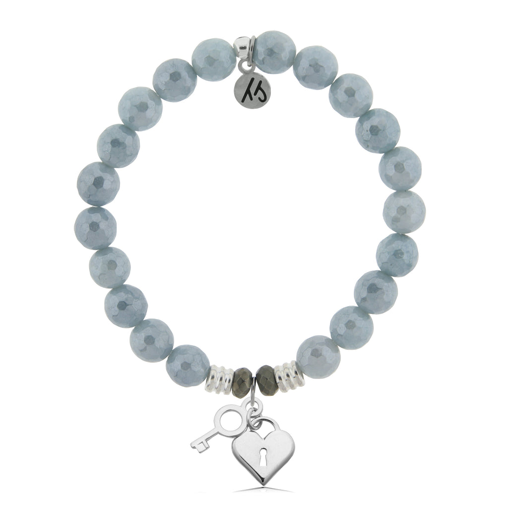 Blue Quartzite Stone Bracelet with Key to my Heart Sterling Silver Charm