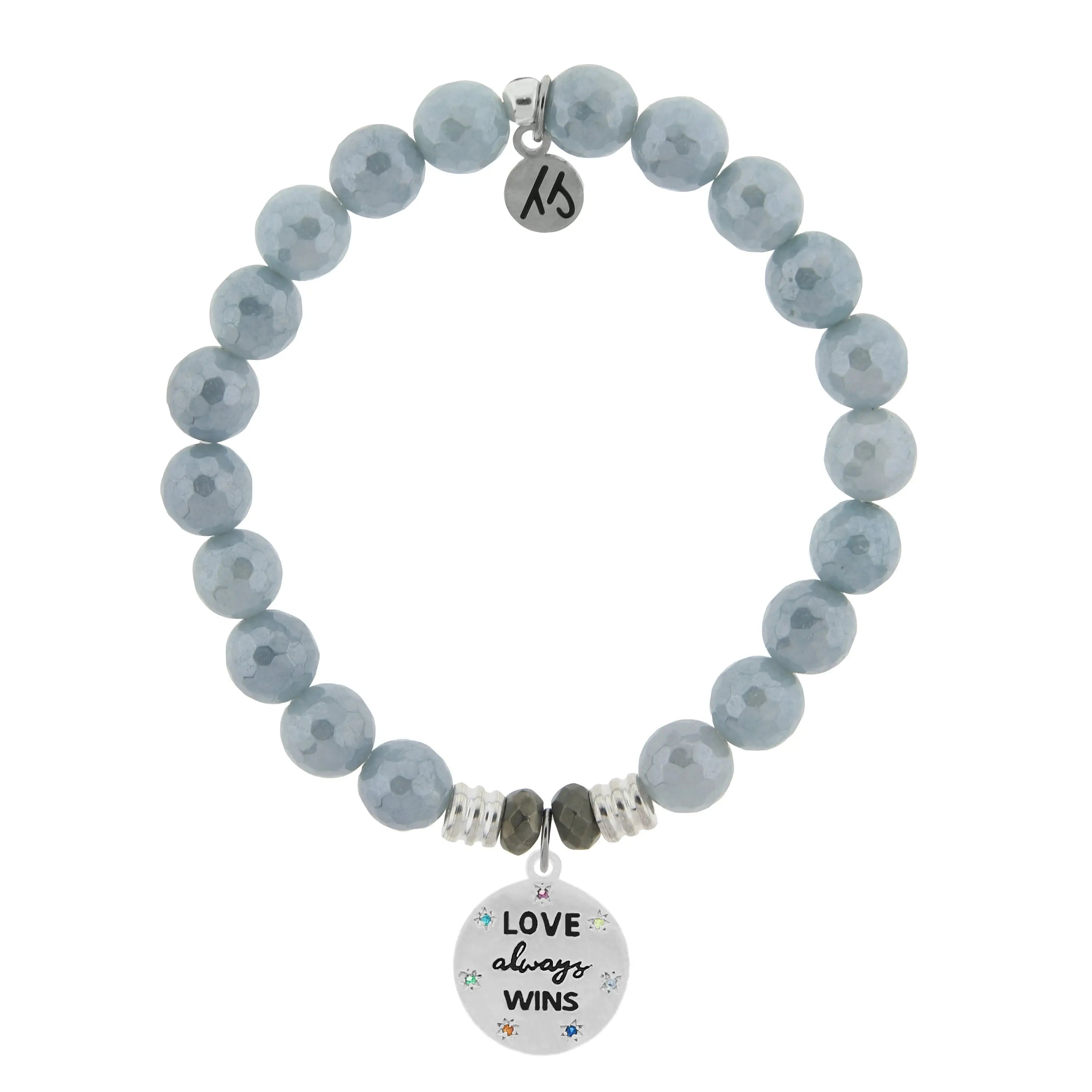 Blue Quartzite Gemstone Bracelet with Love Always Wins Sterling Silver Charm Tiffany Jazelle