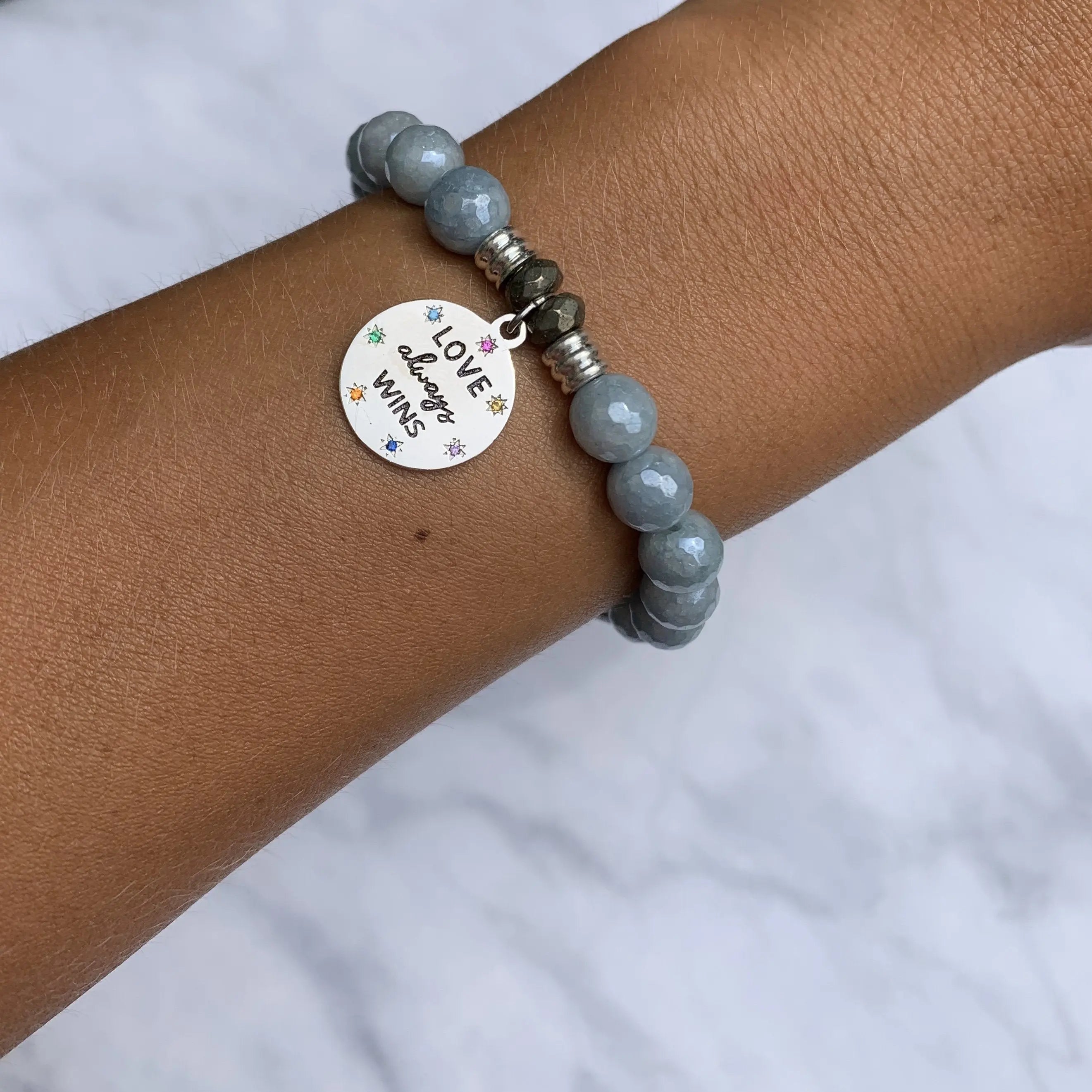 Blue Quartzite Gemstone Bracelet with Love Always Wins Sterling Silver Charm Tiffany Jazelle
