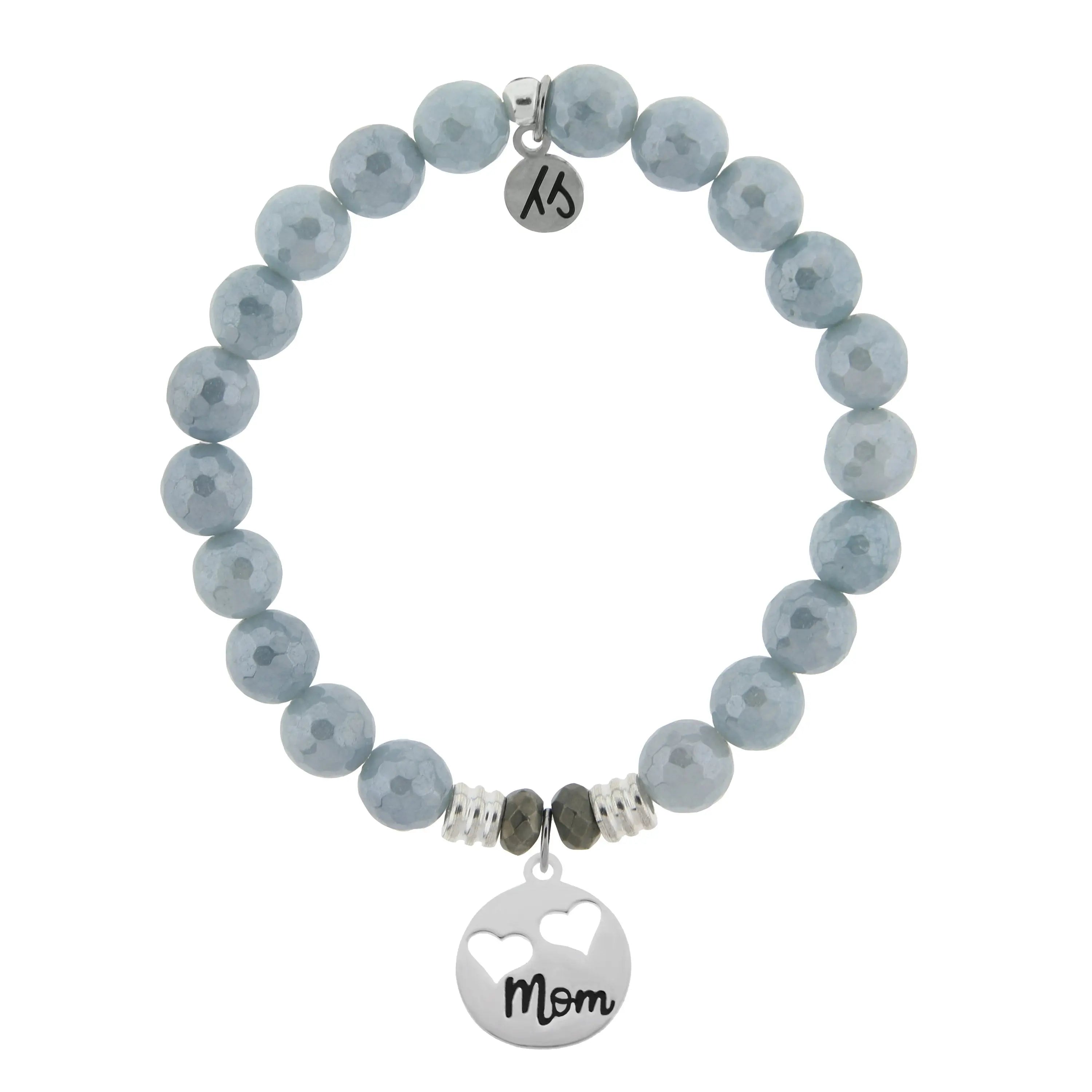 Blue Quartzite Gemstone Bracelet with Mom Hearts Sterling Silver Charm Tiffany Jazelle