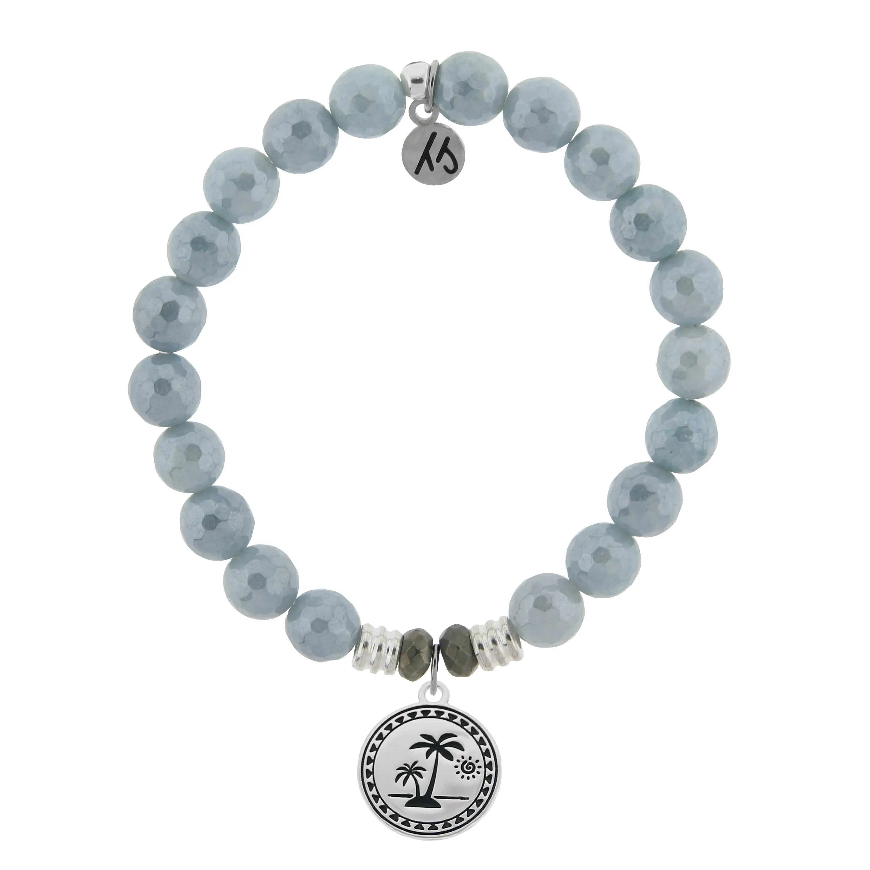 Blue Quartzite Gemstone Bracelet with Palm Tree  Sterling Silver Charm Tiffany Jazelle