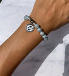 Blue Quartzite Gemstone Bracelet with Palm Tree  Sterling Silver Charm Tiffany Jazelle
