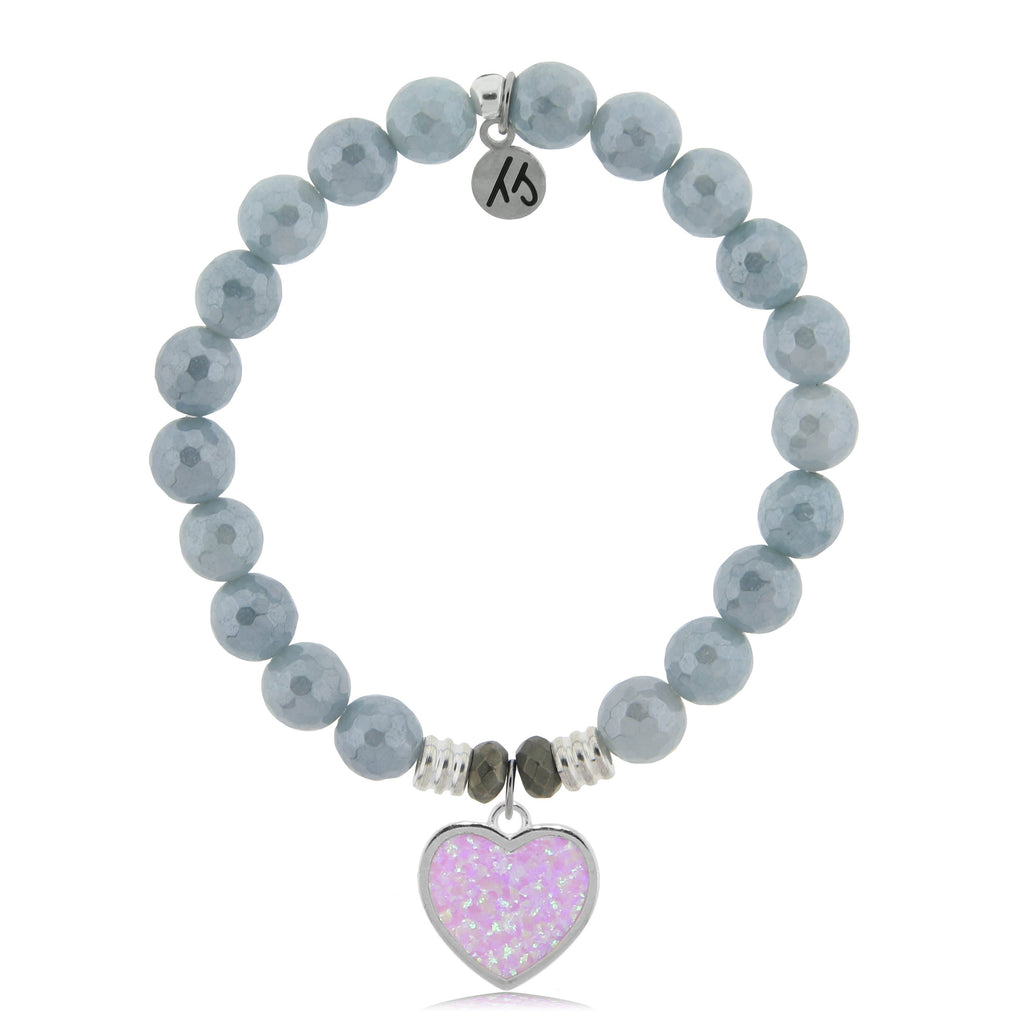 Blue Quartzite Stone Bracelet with Pink Opal Heart Sterling Silver Charm