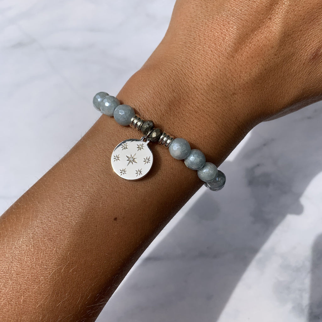Blue Quartzite Stone Bracelet with Prayer Sterling Silver Charm