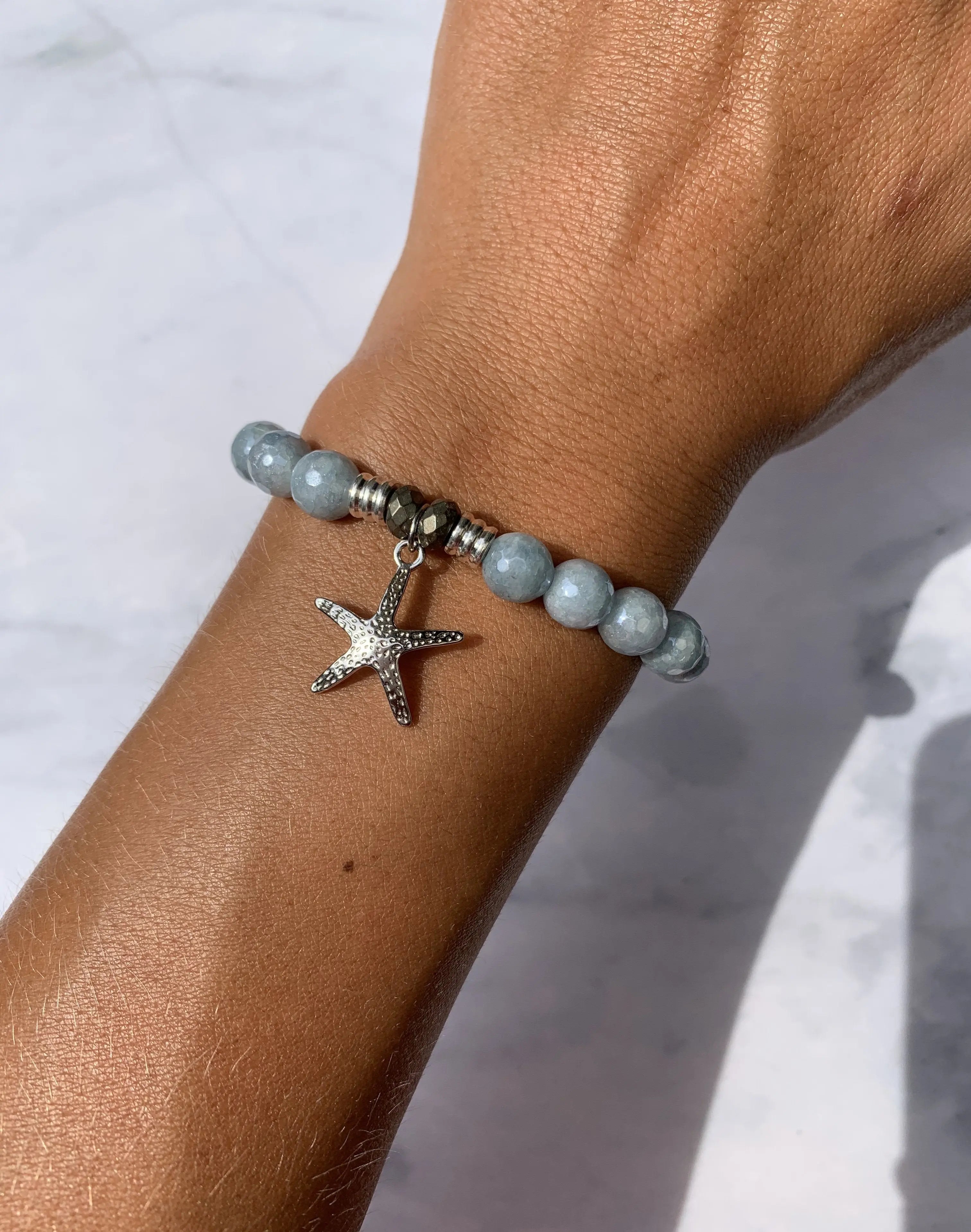 Blue Quartzite Stone Bracelet with Starfish Sterling Silver Charm