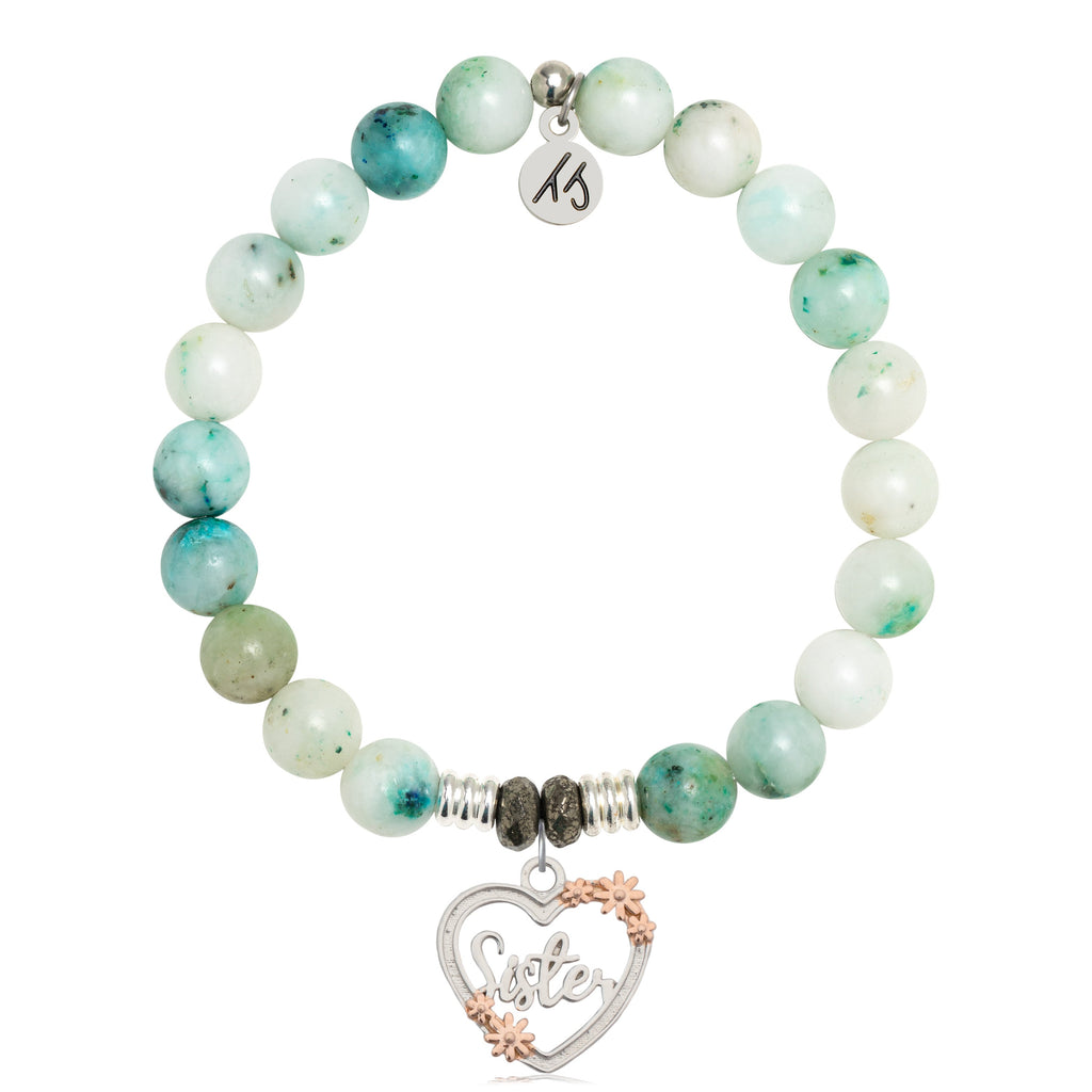 Caribbean Quartzite Stone Bracelet with Heart Sister Sterling Silver Charm