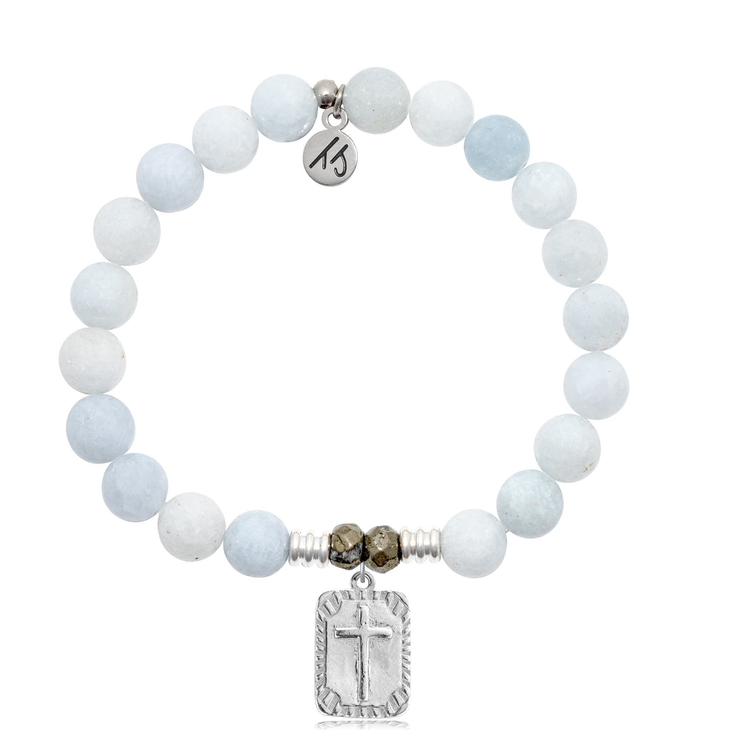Celestine Stone Bracelet with Cross Rectangle Sterling Silver Charm