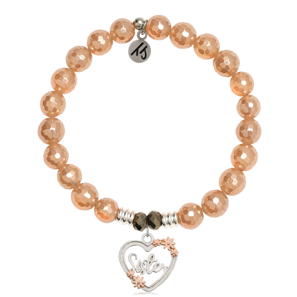 Champagne Agate Stone Bracelet with Heart Sister Sterling Silver Charm