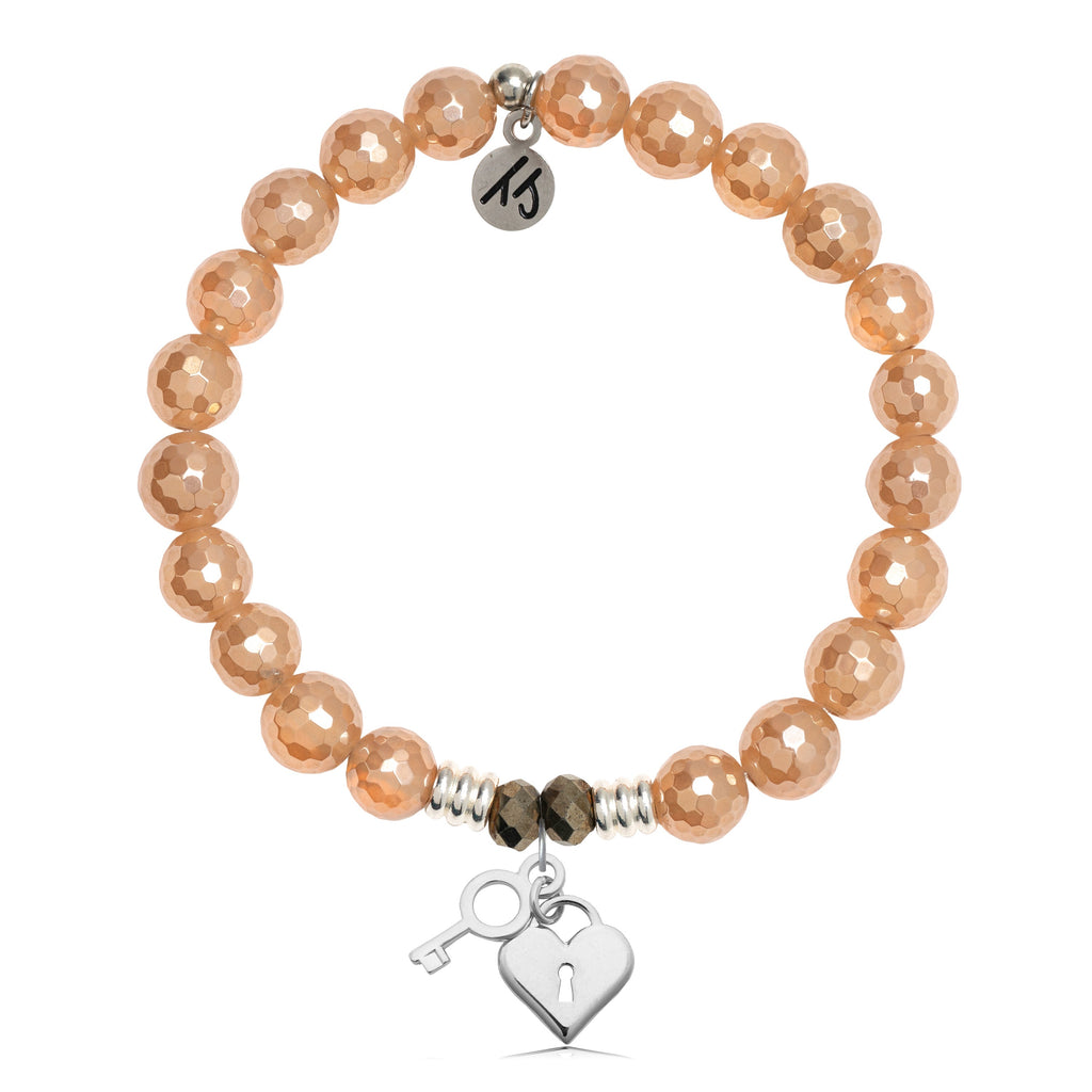 Champagne Agate Stone Bracelet with Key to my Heart Sterling Silver Charm