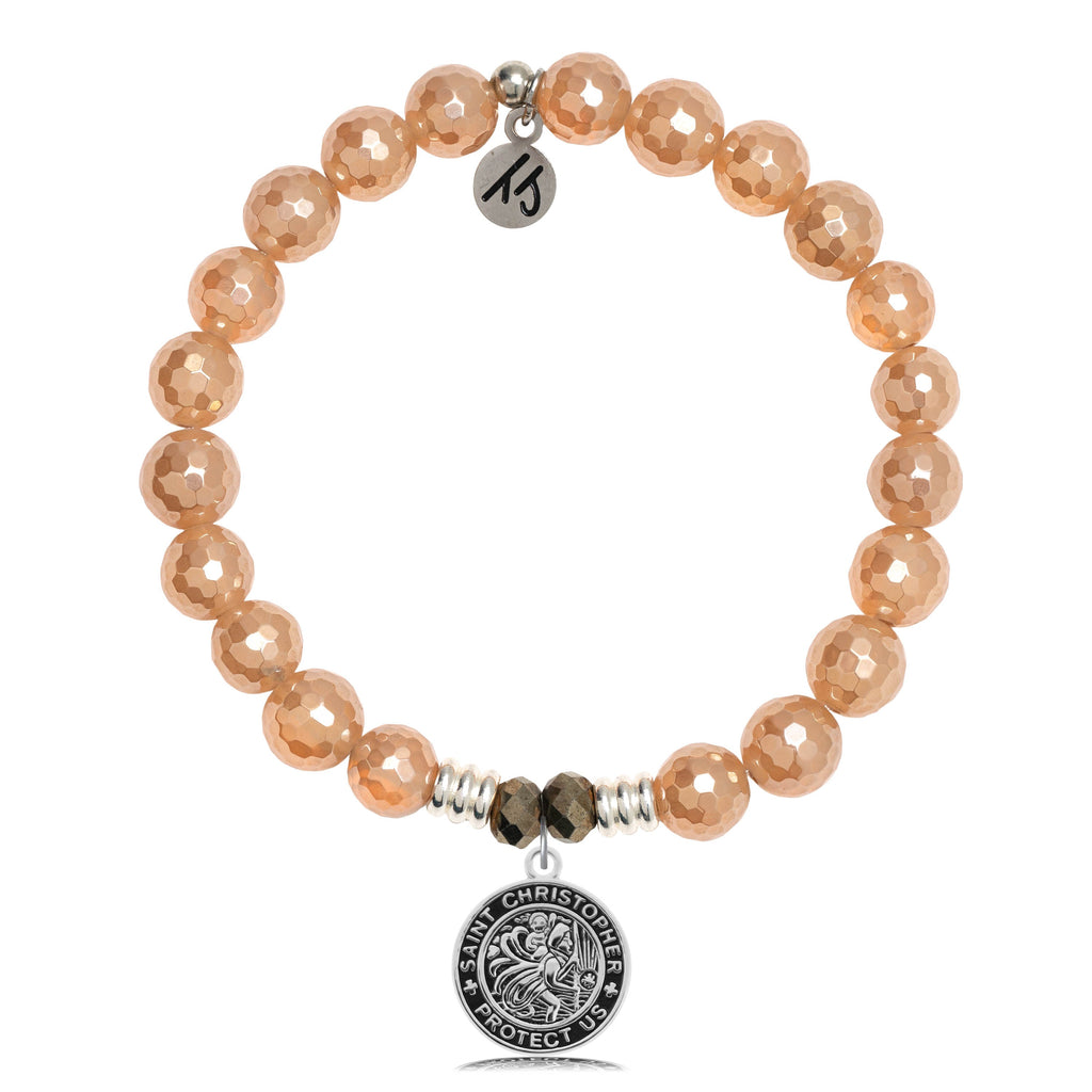 Champagne Agate Stone Bracelet with Saint Christopher Sterling Silver Charm