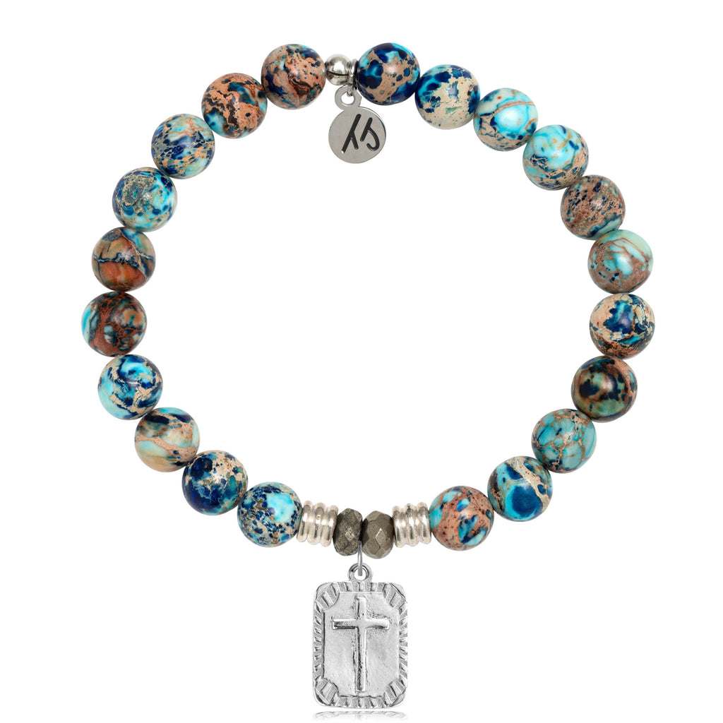 Earth Jasper Stone Bracelet with Cross Rectangle Sterling Silver Charm