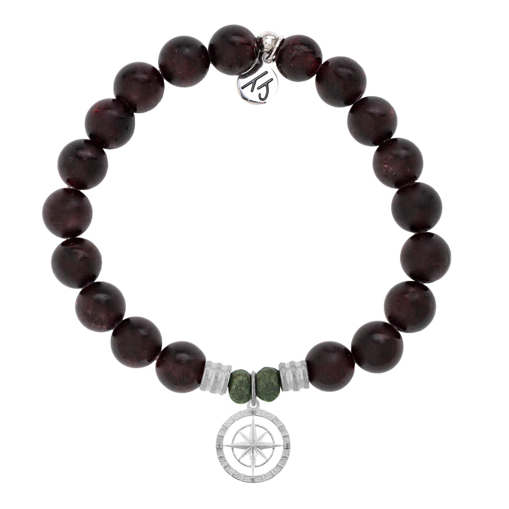 Garnet Stone Bracelet with Compass Rose Sterling Silver Charm