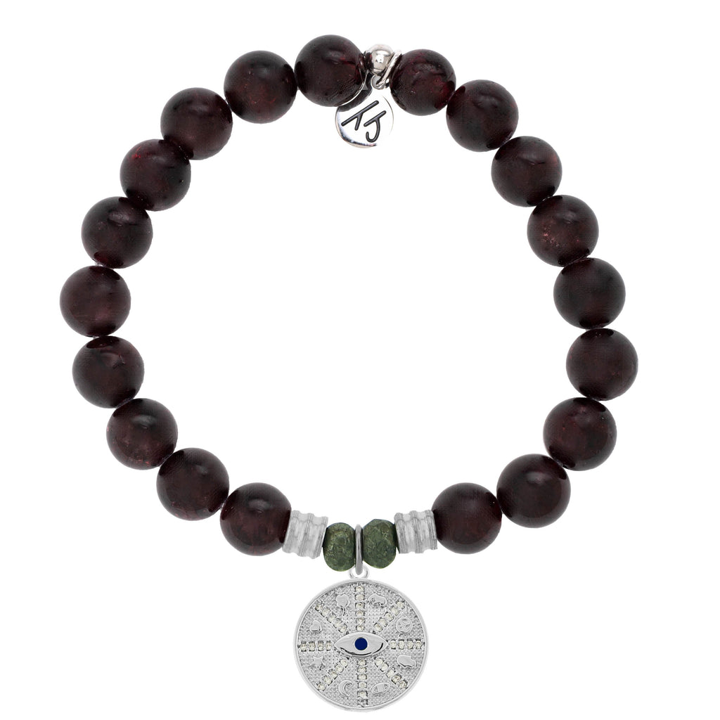 Garnet Stone Bracelet with Protection Sterling Silver Charm