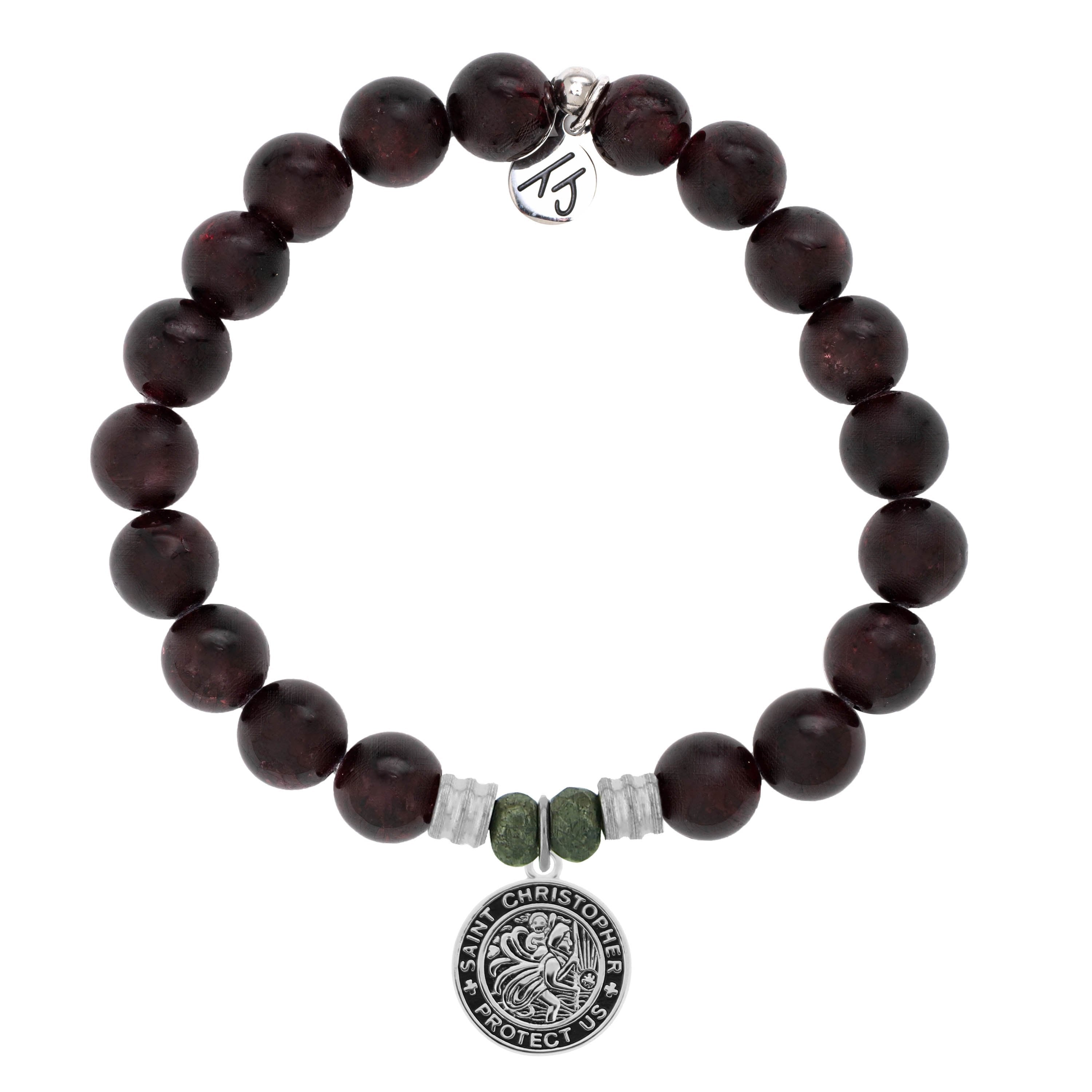 Garnet Stone Bracelet with Saint Christopher Sterling Silver Charm