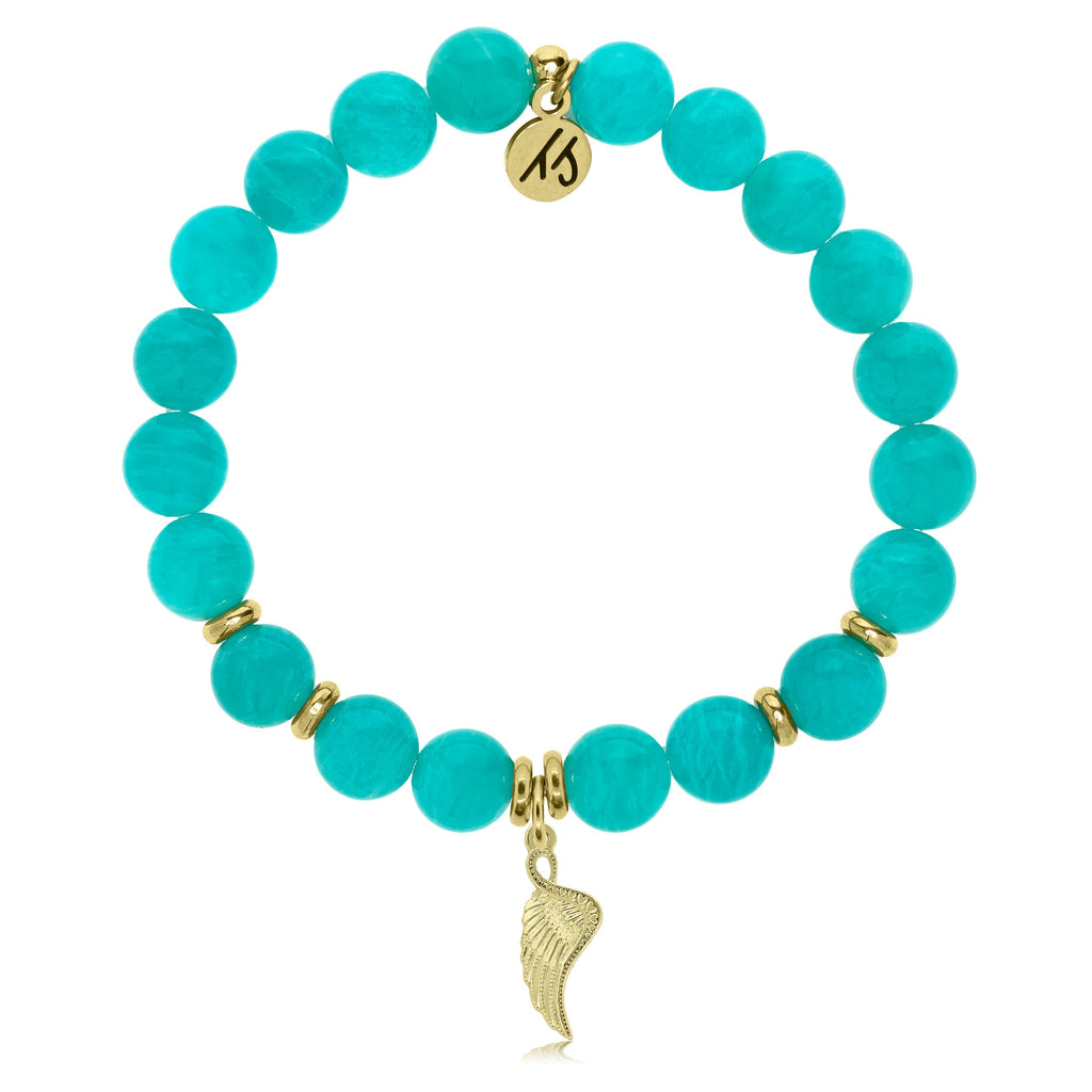 Gold Collection - Aqua Amazonite Stone Bracelet with Angel Blessings Gold Charm