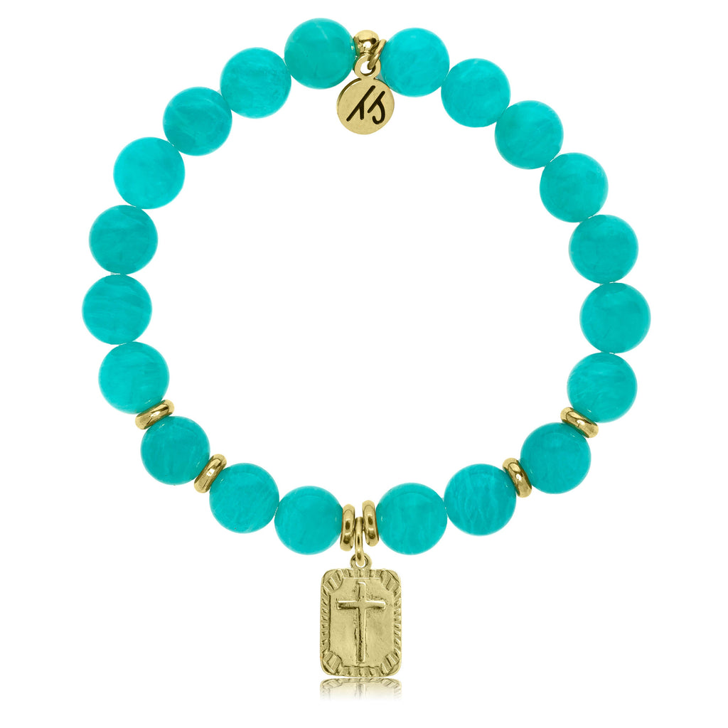 Gold Collection - Aqua Amazonite Stone Bracelet with Cross Gold Charm
