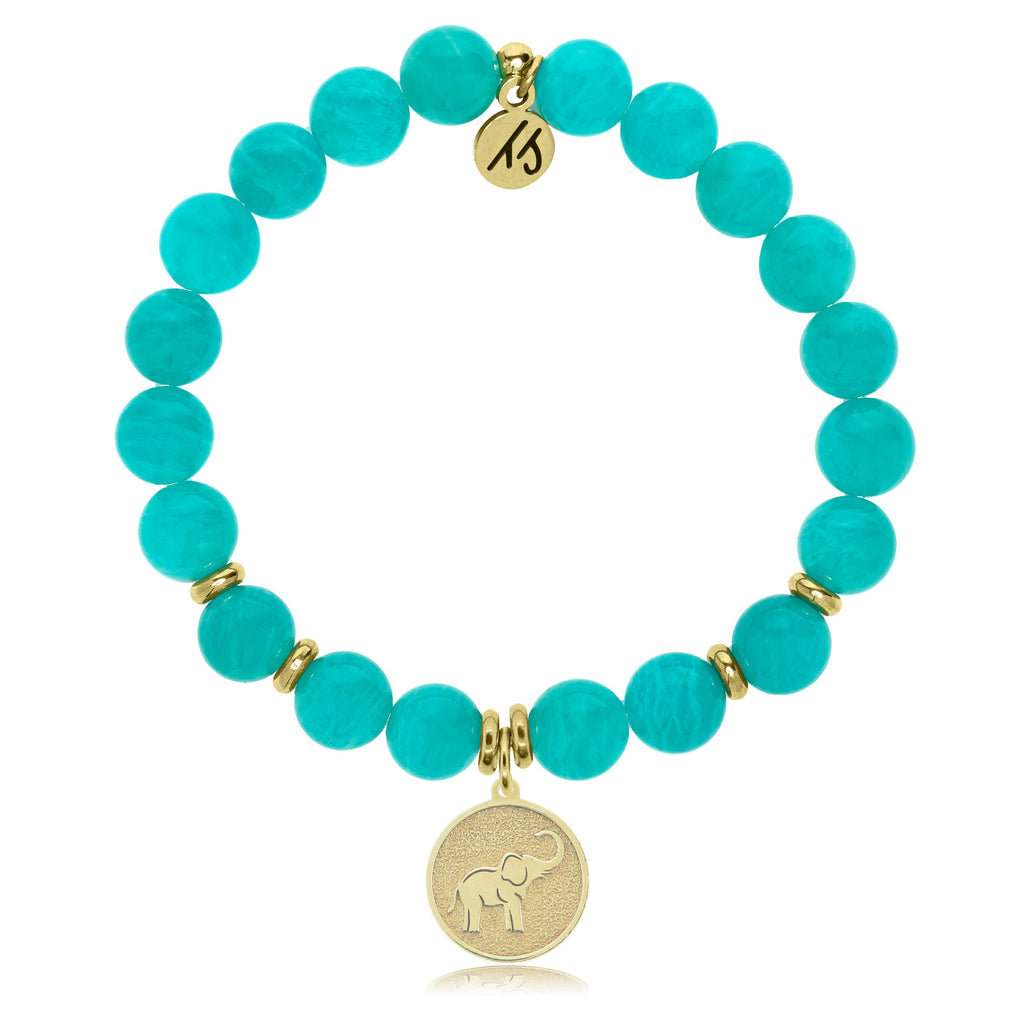 Gold Collection - Aqua Amazonite Stone Bracelet with Lucky Elephant Gold Charm