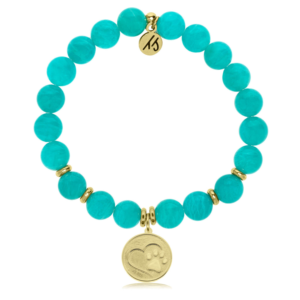 Gold Collection - Aqua Amazonite Stone Bracelet with Paw Print Gold Charm