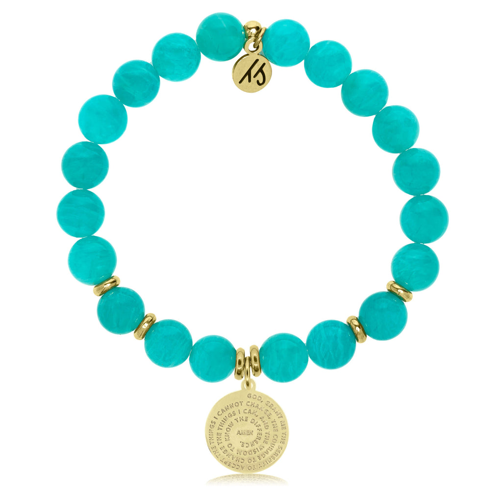 Gold Collection - Aqua Amazonite Stone Bracelet with Serenity Prayer Gold Charm