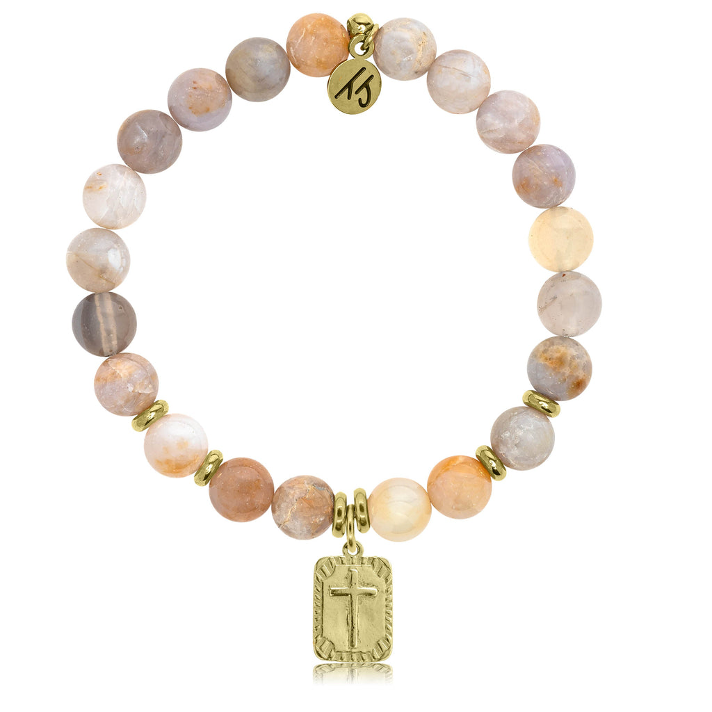 Gold Collection -Australian Agate Stone Bracelet with Cross Gold Charm