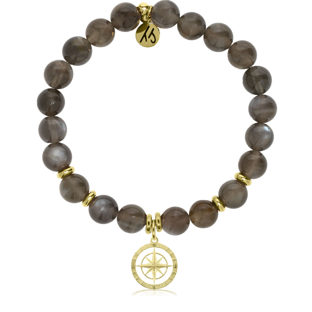 Gold Collection -Black Moonstone Stone Bracelet with Compass Rose Gold Charm