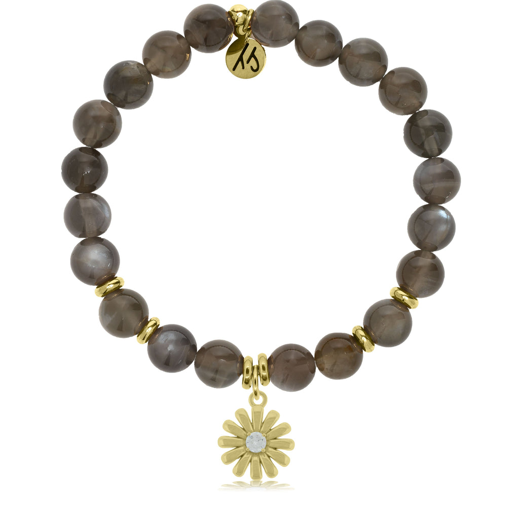 Gold Collection -Black Moonstone Stone Bracelet with Daisy Gold Charm