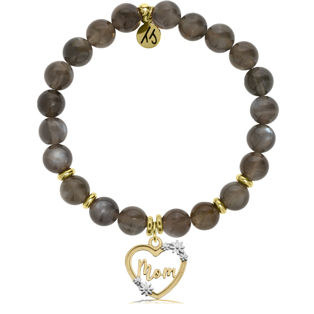 Gold Collection - Black Moonstone Stone Bracelet with Heart Mom Charm