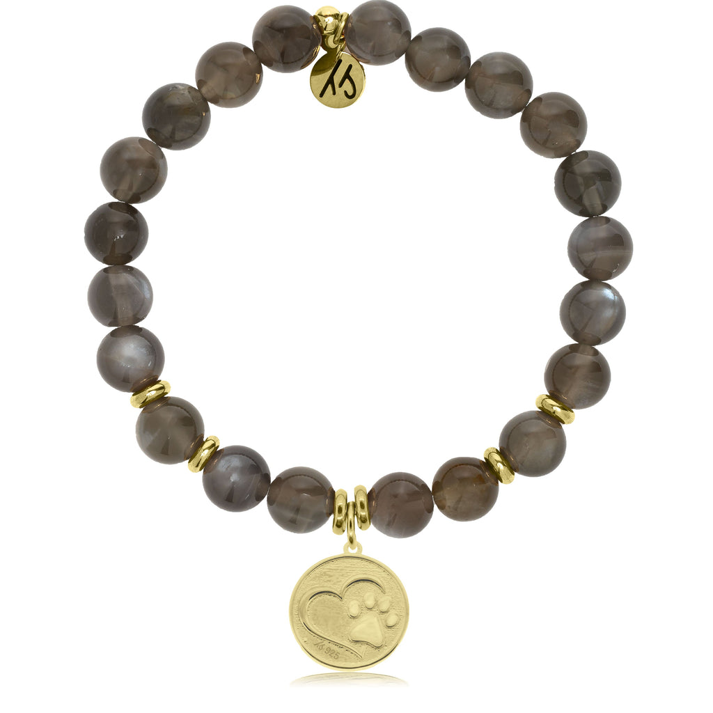 Gold Collection -Black Moonstone Stone Bracelet with Paw Print Gold Charm
