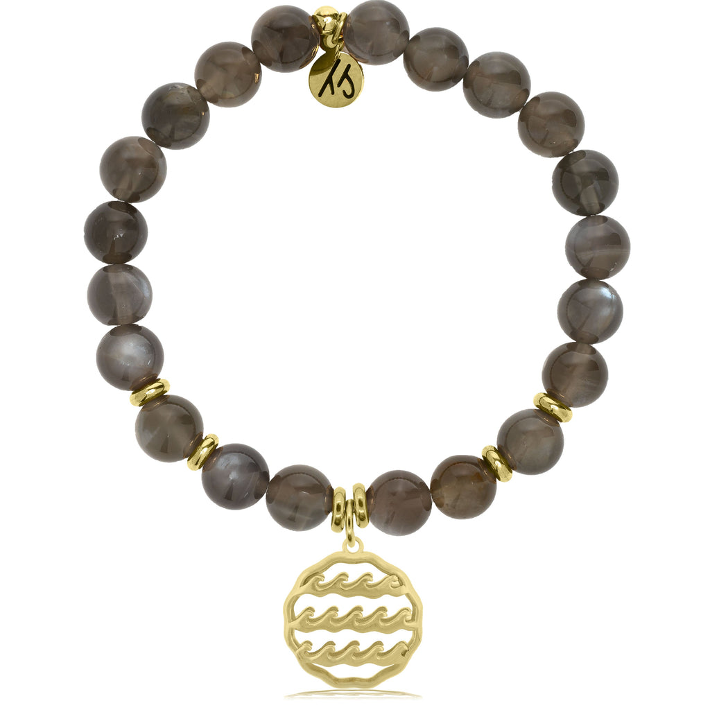 Gold Collection -Black Moonstone Stone Bracelet with Waves of Life Gold Charm