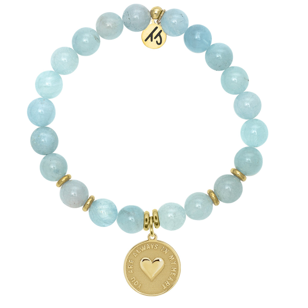 Gold Collection - Blue Aquamarine Stone Bracelet with Always in My Heart Gold Charm