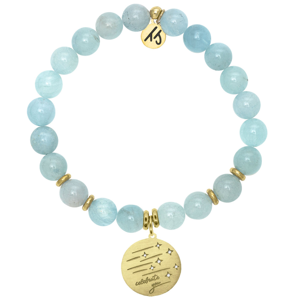 Gold Collection - Blue Aquamarine Stone Bracelet with Birthday Wishes Gold Charm