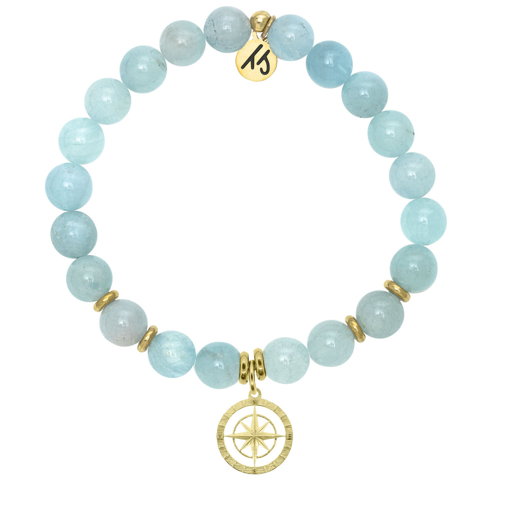 Gold Collection - Blue Aquamarine Stone Bracelet with Compass Rose Gold Charm