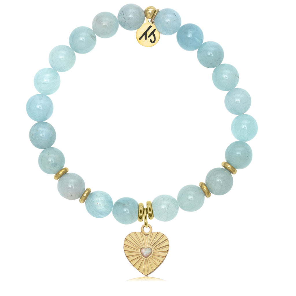 Gold Collection - Blue Aquamarine Stone Bracelet with Heart Gold Charm