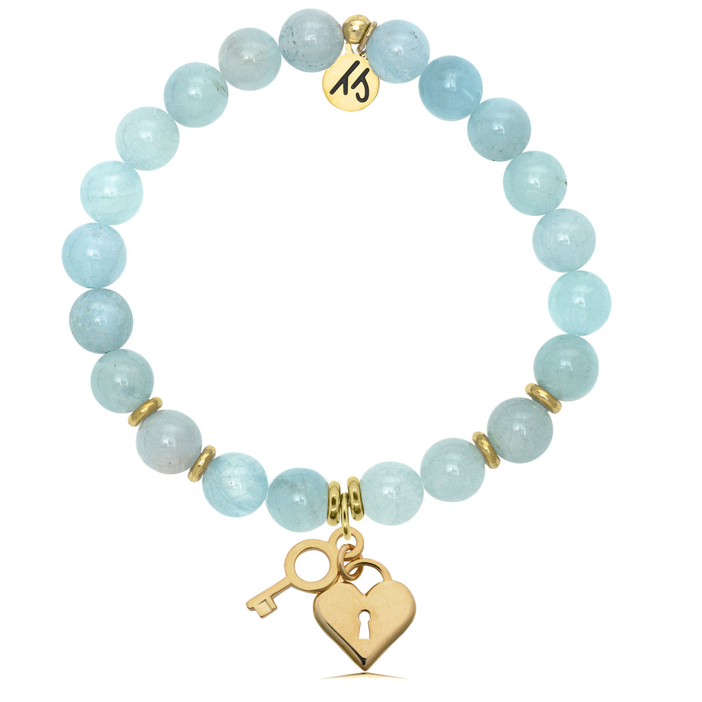 Gold Collection - Blue Aquamarine Stone Bracelet with Key to my Heart Gold Charm