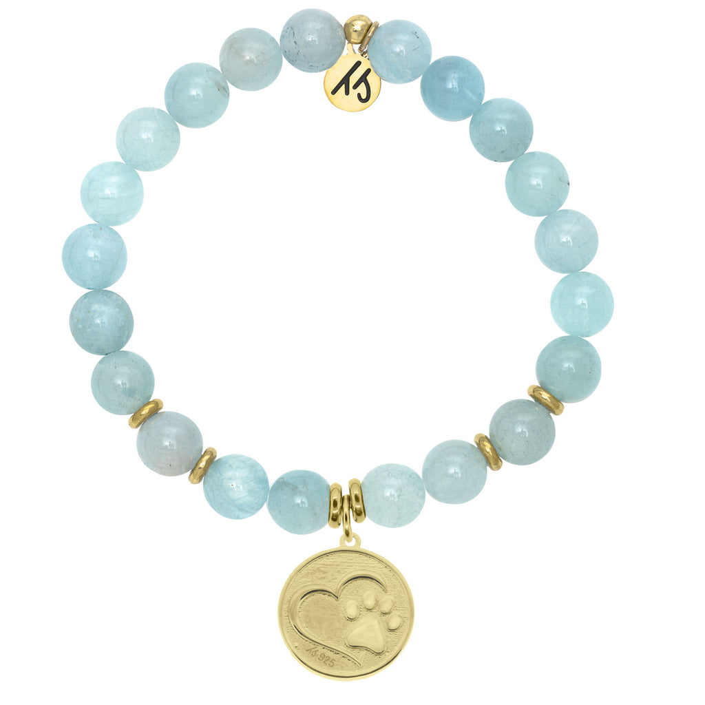 Gold Collection - Blue Aquamarine Stone Bracelet with Paw Print Gold Charm