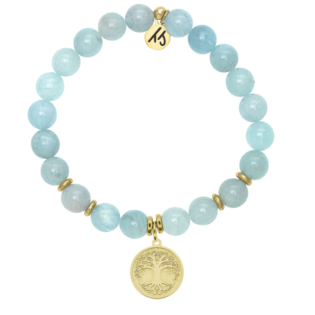 Gold Collection - Blue Aquamarine Stone Bracelet with Tree of Life Gold Charm