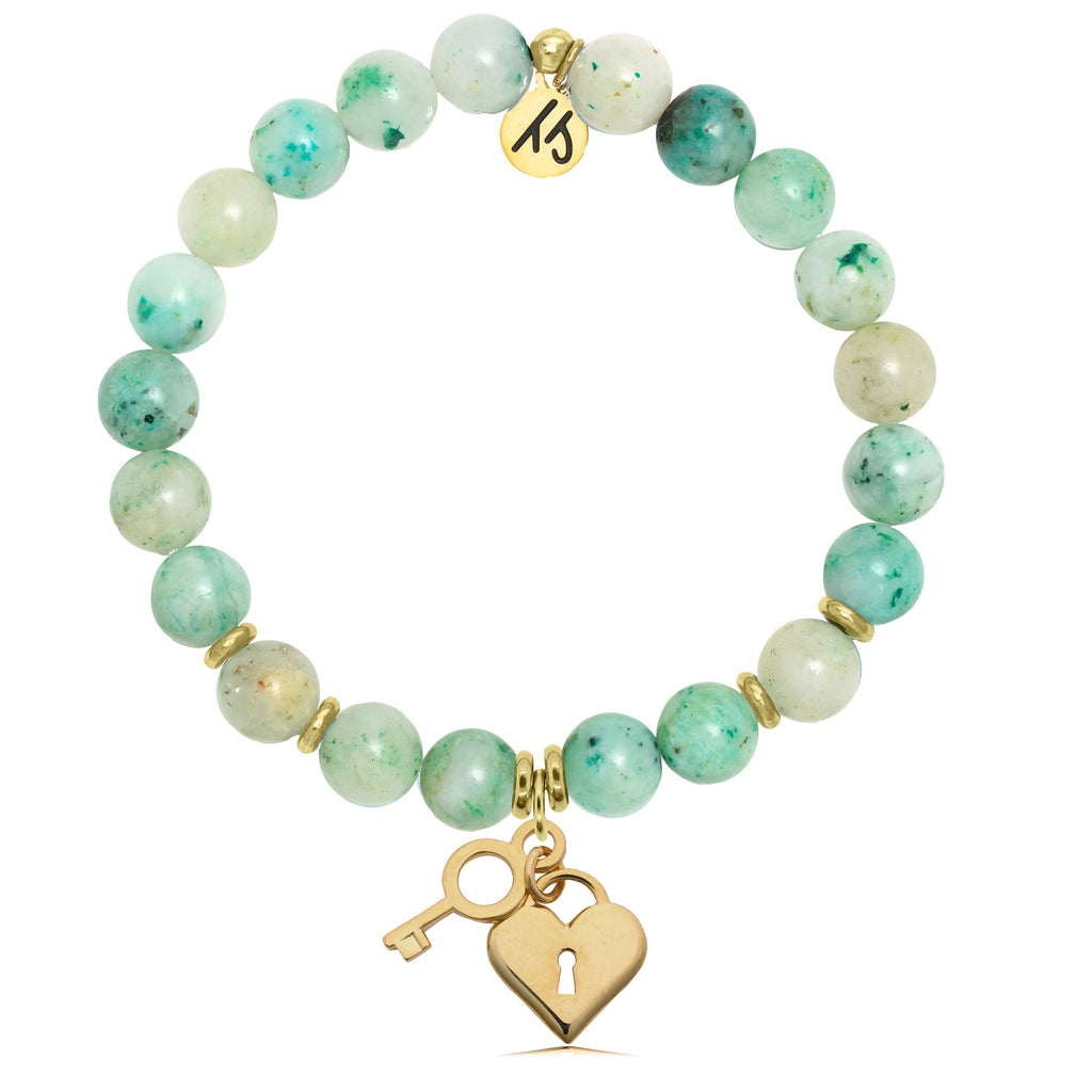 Gold Collection - Caribbean Quartzite Stone Bracelet with Key to my Heart Gold Charm