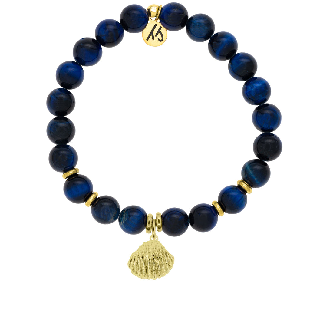 Gold Collection - Lapis Tiger's Eye Stone Bracelet with Seashell Gold Charm
