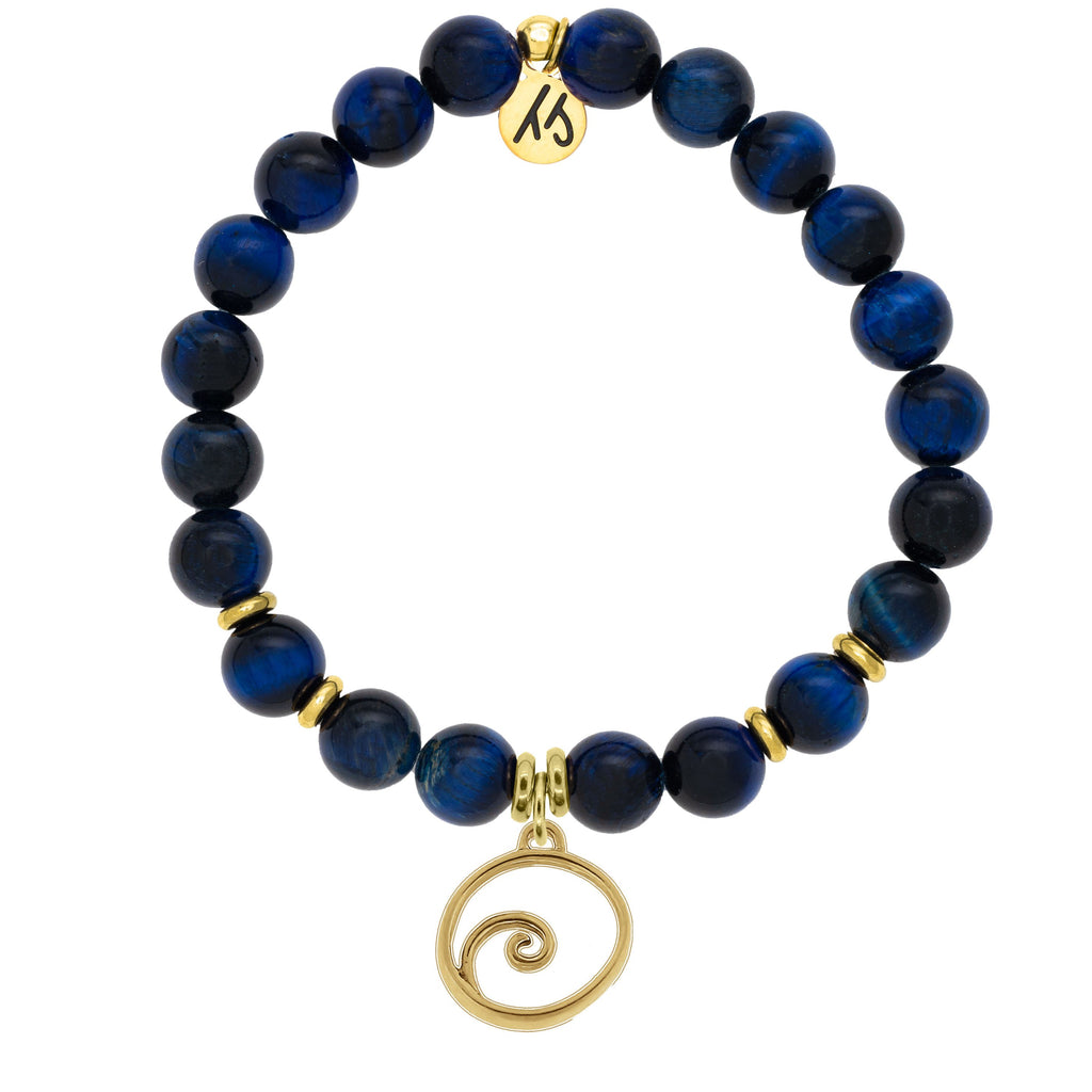 Gold Collection - Lapis Tiger's Eye Stone Bracelet with Wave Gold Charm