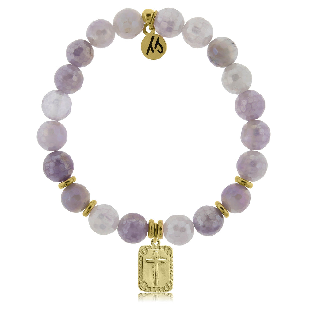 Gold Collection - Mauve Jade Stone Bracelet with Cross Gold Charm