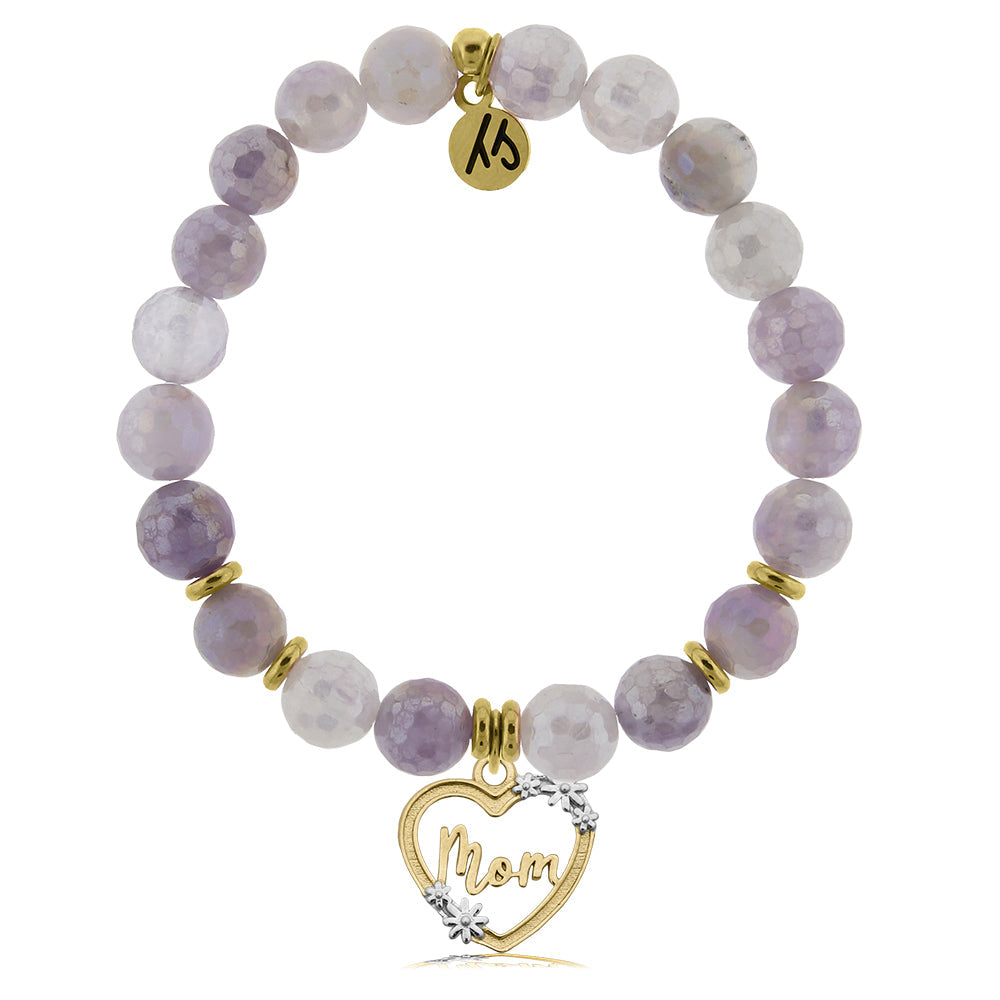 Gold Collection - Mauve Jade Stone Bracelet with Heart Mom Gold Charm