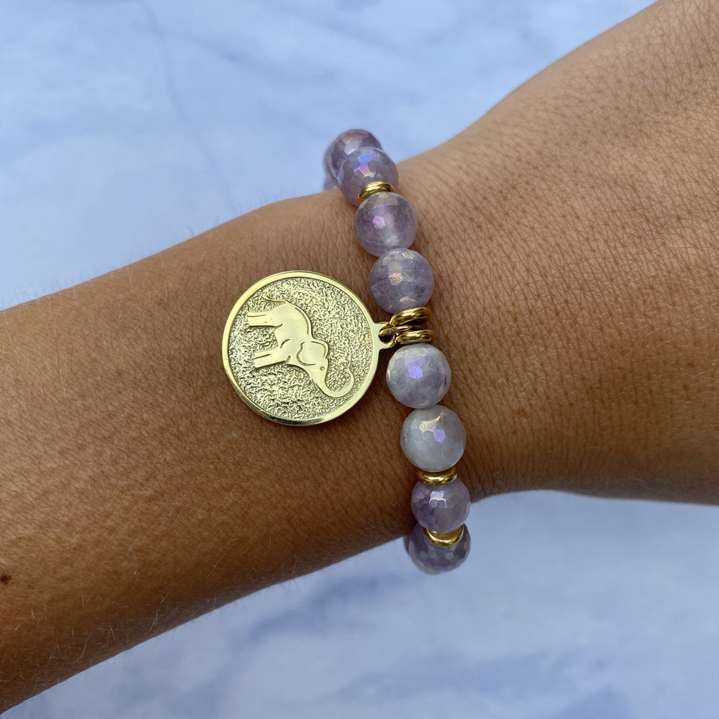Gold Collection - Mauve Jade Stone Bracelet with Lucky Elephant Gold Charm