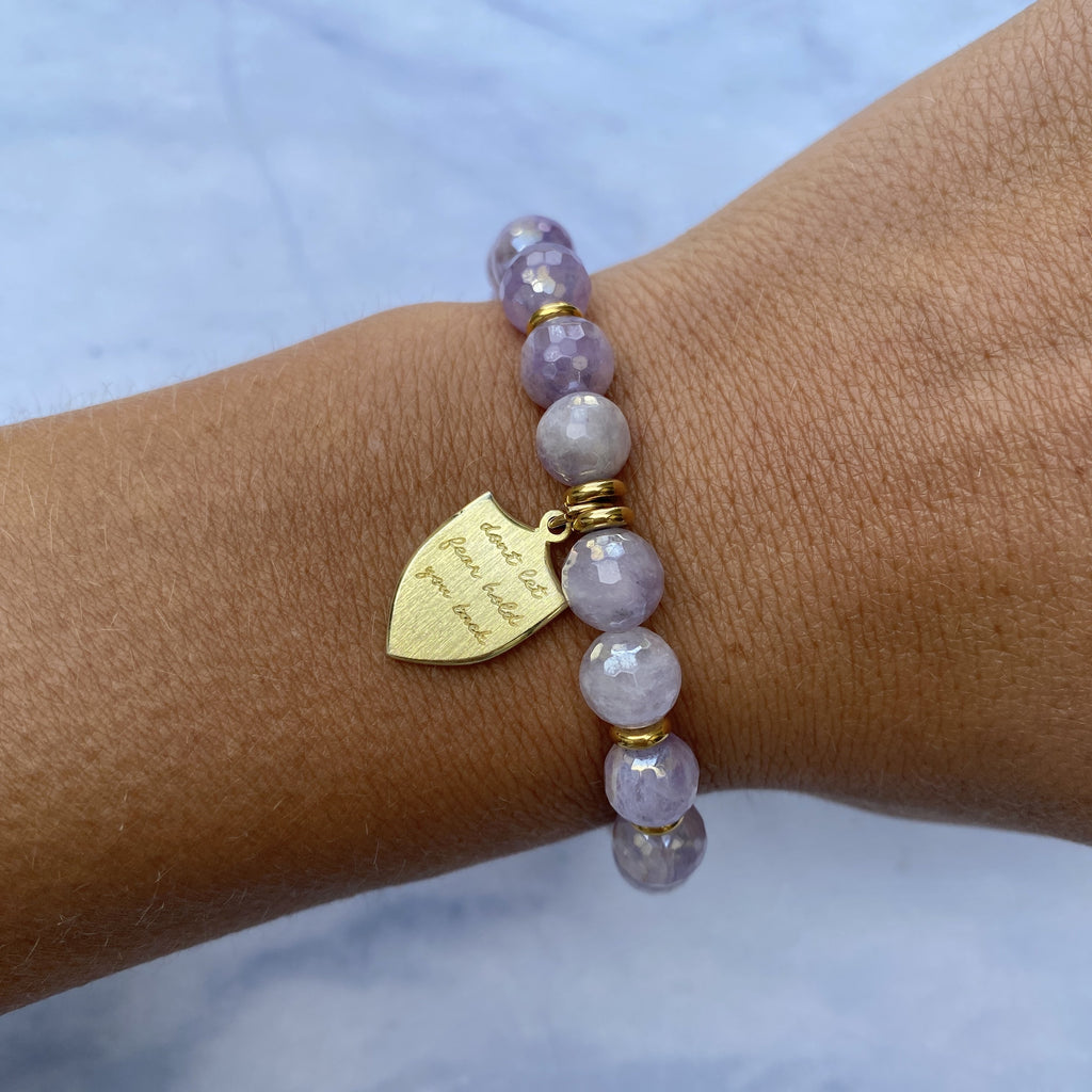 Gold Collection - Mauve Jade Stone Bracelet with Shield of Strength Gold Charm