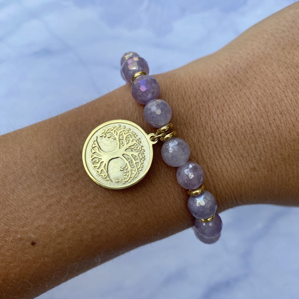 Gold Collection - Mauve Jade Stone Bracelet with Tree of Life Gold Charm