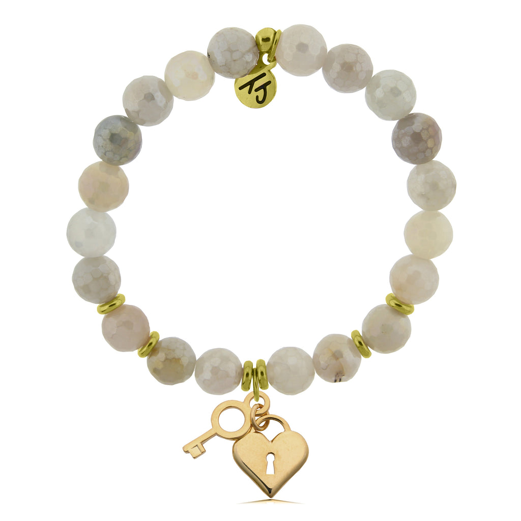 Gold Collection - Moonstone Stone Bracelet with Key to my Heart Gold Charm