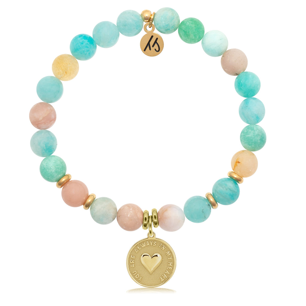 Gold Collection - Multi Amazonite Stone Bracelet with Always in my Heart Gold Charm