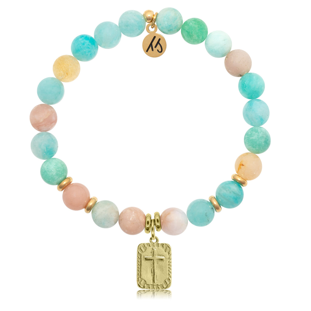 Gold Collection - Multi Amazonite Stone Bracelet with Cross Gold Charm