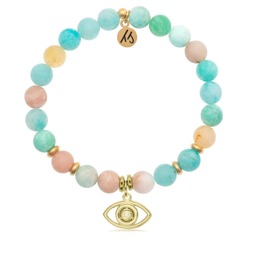Gold Collection - Multi Amazonite Stone Bracelet with Evil Eye Gold Charm