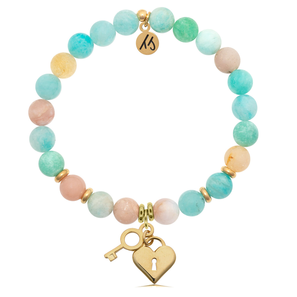 Gold Collection - Multi Amazonite Stone Bracelet with Key to my Heart Gold Charm